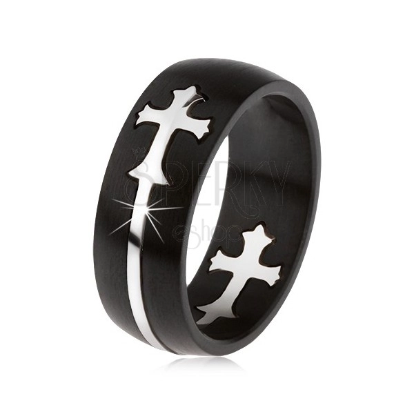 Matowy czarny stalowy pierścionek, wycinany krzyż srebrnego koloru