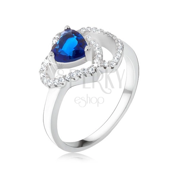 Pierścionek ze srebra 925, niebieski serduszkowy kamień, cyrkoniowe zarysy serc