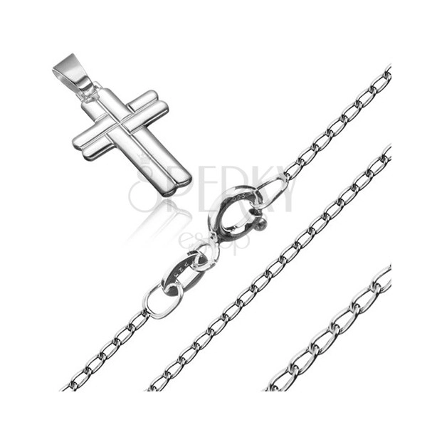 Naszyjnik, lśniący łańcuszek z owalnych ogniw i przeplatany krzyż, srebro 925
