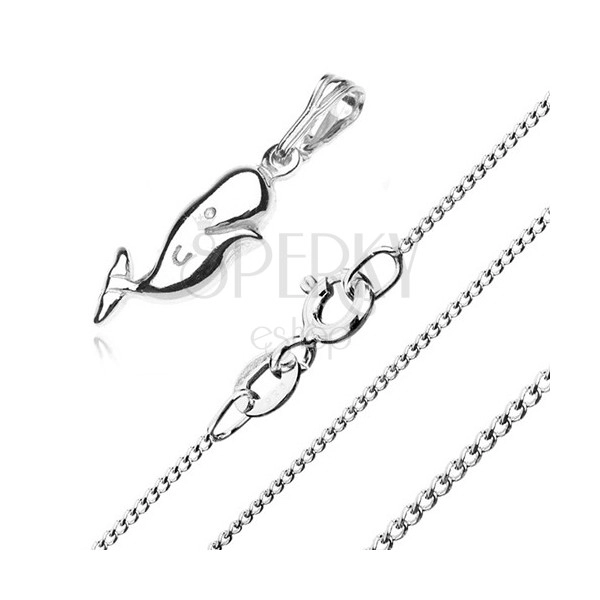 Srebrny naszyjnik 925, wieloryb i łańcuszek z drobnych ogniw