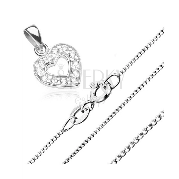 Naszyjnik ze srebra 925, cyrkoniowy zarys serca i lśniący łańcuszek