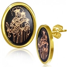 Kolczyki ze stali, złoty kolor, Maryja Panna i Jezusek na czarnym tle