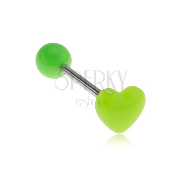 Neonowo zielone symetryczne serce, kolczyk do języka