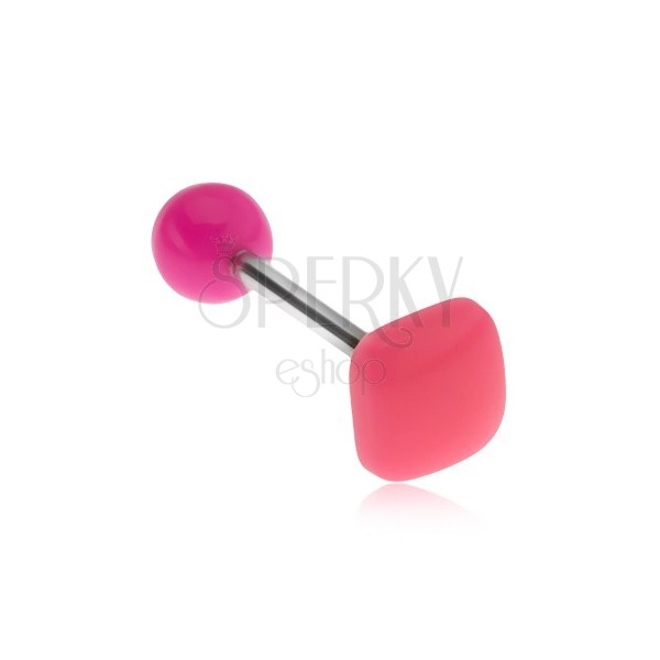 Kolczyk do języka, lśniący wypukły kwadrat w neonowo różowym kolorze