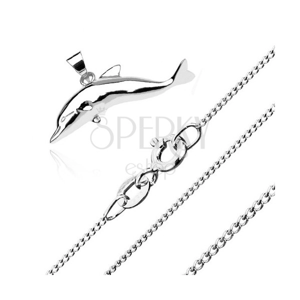 Naszyjnik ze srebra 925 - duży skaczący delfin, łańcuszek z drobnych skręconych ogniw