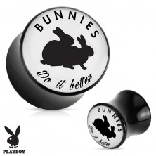 Czarny plug siodłowy do ucha z akrylu "Bunnies do it better"