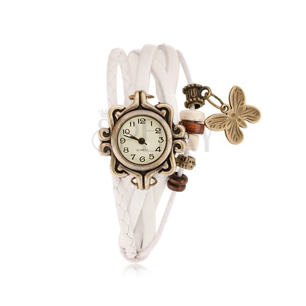 Zegarek analogowy, ozdobnie wycinany, biały pleciony pasek, koraliki