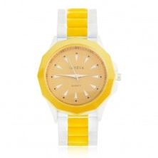 Zegarek analogowy w żółto-białym kolorze, żółty cyferblat, silikonowy pasek