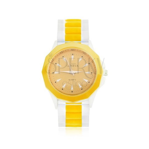 Zegarek analogowy w żółto-białym kolorze, żółty cyferblat, silikonowy pasek