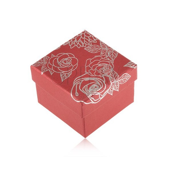 Czerwone pudełeczko na biżuterię, motyw kwiatów w srebrnym kolorze