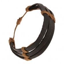 Czarna skórzana bransoletka - trzy paski przewiązane brązowym sznurkiem