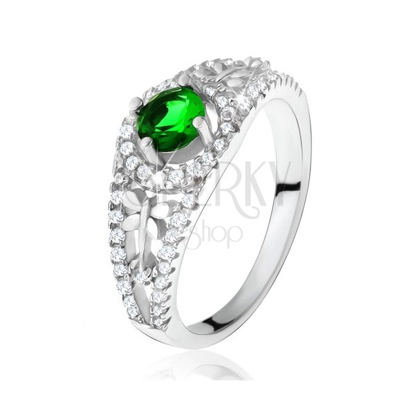 Przezroczysty cyrkoniowy pierścionek z zielonym kamyczkiem, ważki, srebro 925