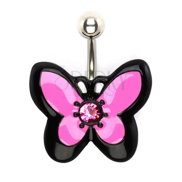 Kolczyk do brzucha ze stali, różowo-czarny motyl z cyrkonią