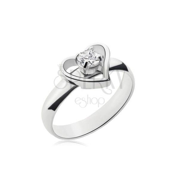 Stalowy pierścionek srebrnego koloru - asymetryczny zarys serca, przezroczysta cyrkonia