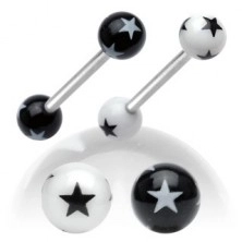 Stalowy kolczyk do języka, czarno-białe akrylowe kuleczki z gwiazdkami