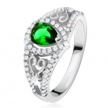 Pierścionek ze srebra 925, zielony kamień łezka, przezroczyste cyrkonie, zarysy serc