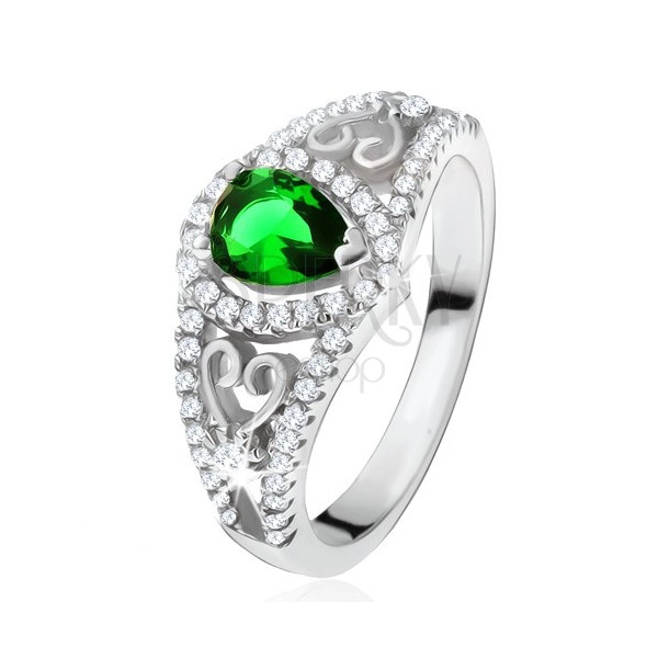 Pierścionek ze srebra 925, zielony kamień łezka, przezroczyste cyrkonie, zarysy serc