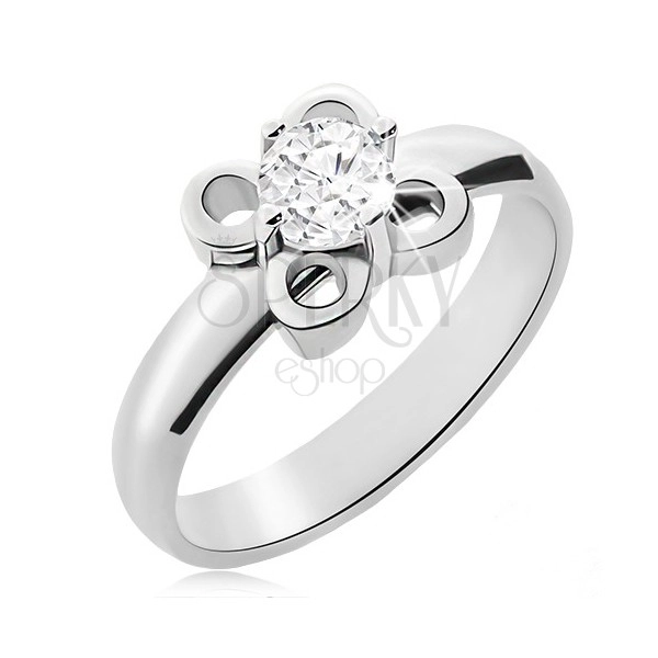 Stalowy pierścionek srebrnego koloru, kwiatek z przezroczystą cyrkonią