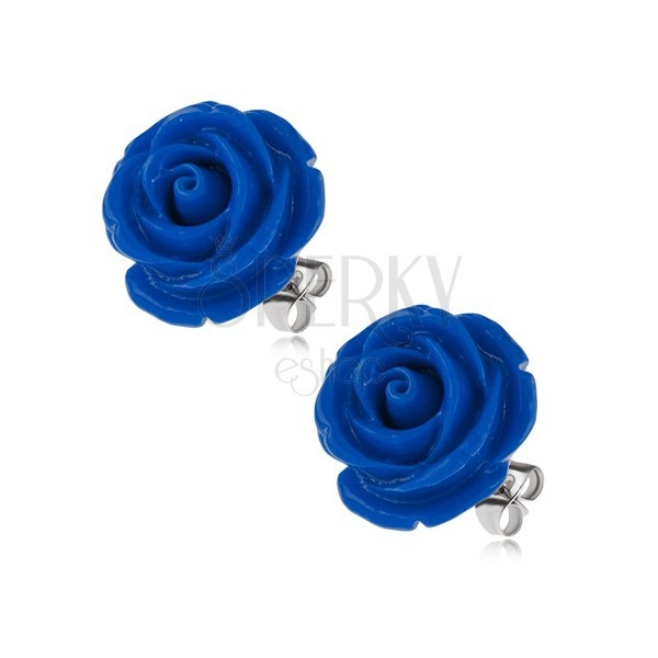 Stalowe kolczyki, ciemnoniebieski kwiat róży, zapięcie na wkręty, 20 mm