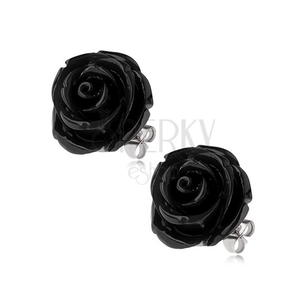 Stalowe kolczyki, czarny kwiat róży z żywicy, zapięcie na wkręty, 20 mm