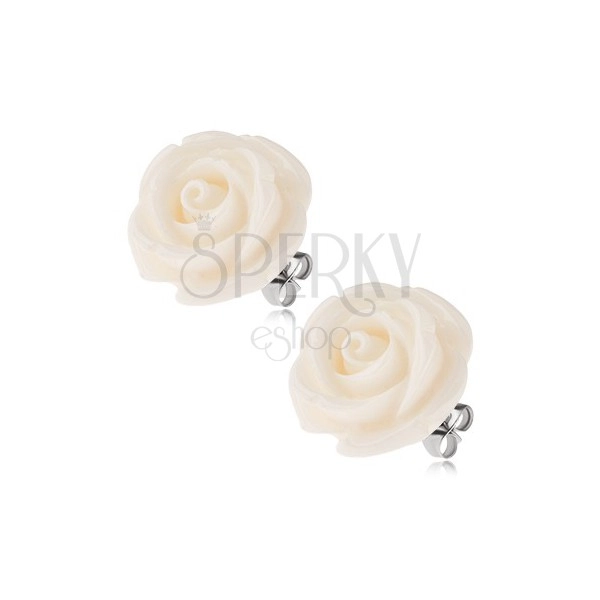 Kolczyki wkręty ze stali chirurgicznej, biały kwiat róży z żywicy, 14 mm