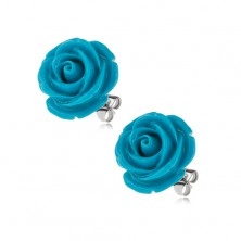 Kolczyki wkręty ze stali chirurgicznej, niebieska rozwinięta róża, 14 mm