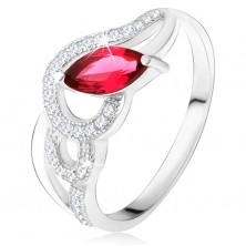 Srebrny pierścionek 925, cyrkoniowe i gładkie fale, czerwony kamień ziarenko