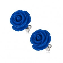 Kolczyki ze stali chirurgicznej, wkręty, ciemnoniebieska róża z żywicy, 14 mm