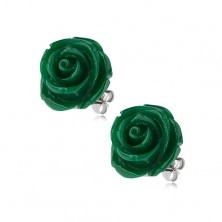 Kolczyki ze stali, zielony kolor, kwiat róży, zapięcie na wkręty, 14 mm