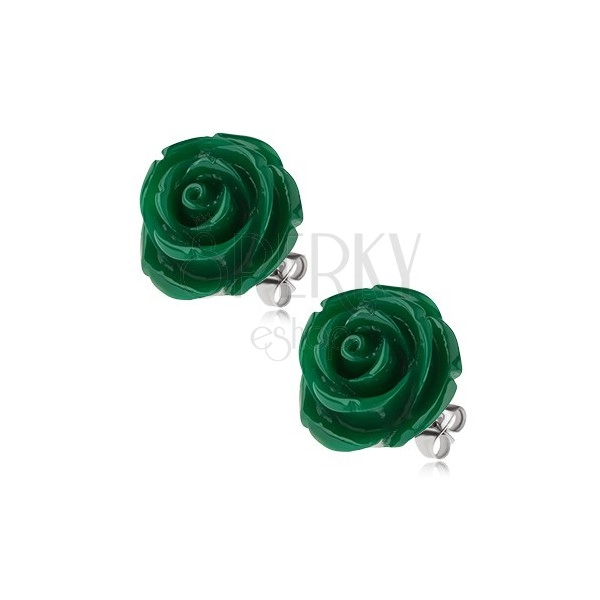 Kolczyki ze stali, zielony kolor, kwiat róży, zapięcie na wkręty, 14 mm
