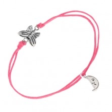 Sznurkowa bransoletka różowego koloru, motyl, księżyc z twarzą