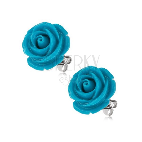 Kolczyki ze stali chirurgicznej, niebieski kwiat róży z żywicy, 20 mm