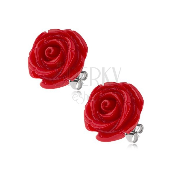 Kolczyki ze stali chirurgicznej, czerwony kwiat róży z żywicy, 20 mm