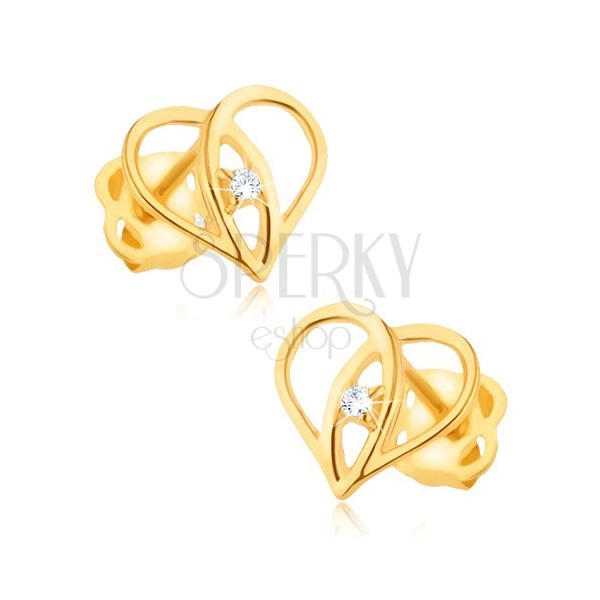 Kolczyki z żółtego złota 9K - zarys serca, nachodzące na siebie ramiona, cyrkonia