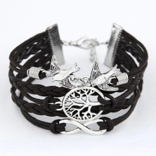 Czarna bransoletka Multi - sznurki, warkocze, drzewo, gołębice, symbol nieskończoności