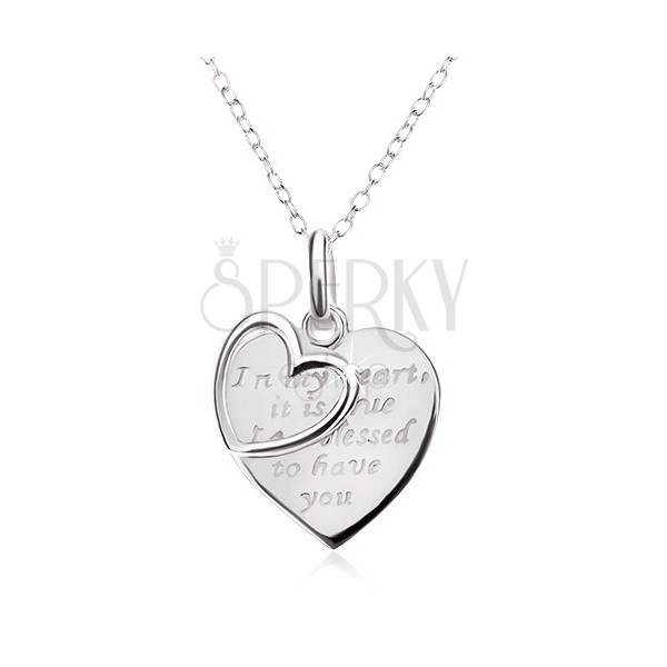 Naszyjnik - łańcuszek, serce z napisem, zarys serca, srebro 925