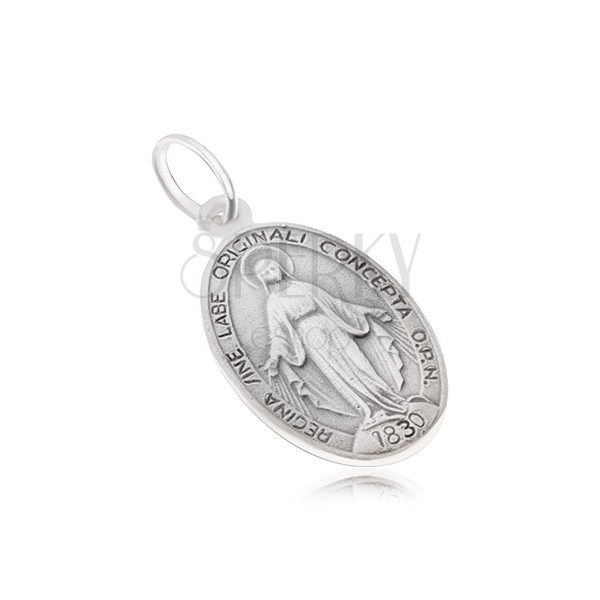 Owalny medalik z Panną Marią, matowy, dwustronny, ze srebra 925