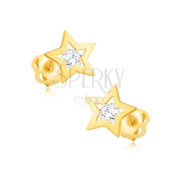 Kolczyki z żółtego 9K złota - błyszczący kontur gwiazdki, przeźroczysta cyrkonia