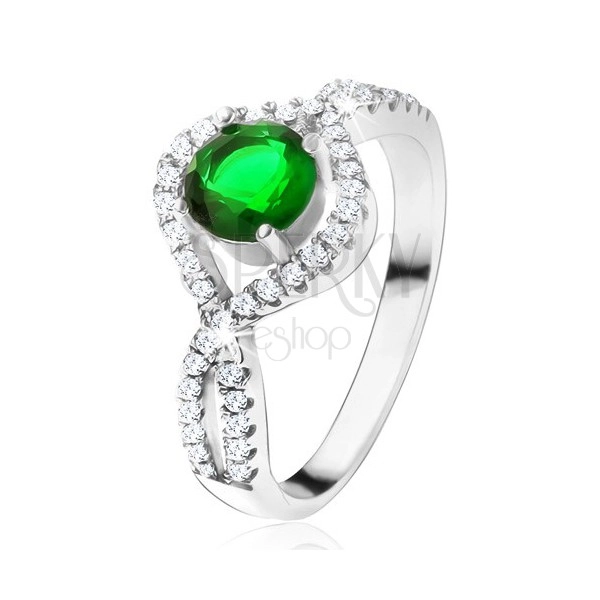 Srebrny pierścionek 925, okrągły zielony kamień, podkręcone cyrkoniowe ramiona