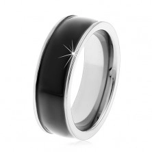 Czarny tungstenowy gładki pierścionek, delikatnie wypukły, błyszcząca powierzchnia, srebrne brzegi