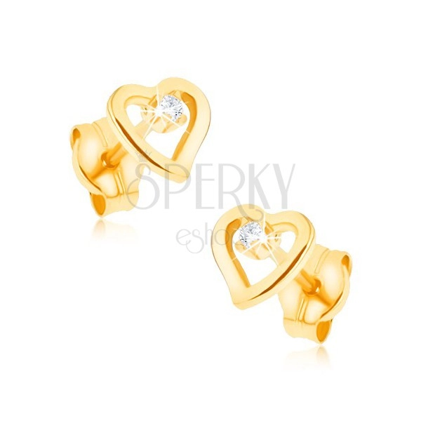 Kolczyki z żółtego 9K złota - kontur nieregularnego serca, cyrkonik