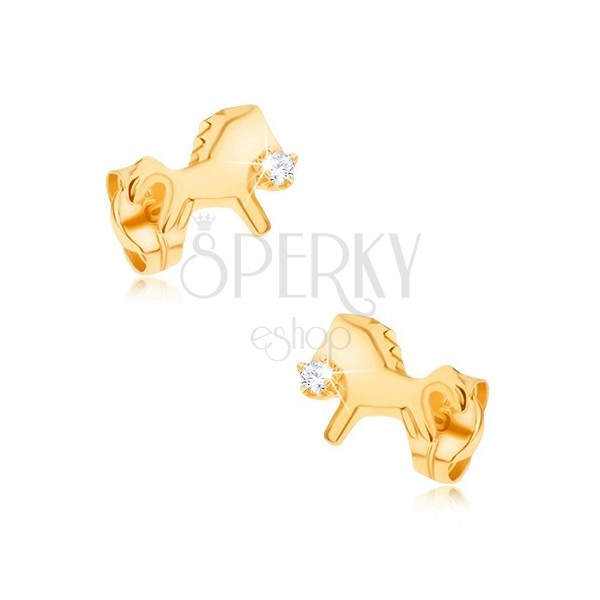 Kolczyki z żółtego złota 9K - błyszczący koń w galopie z przeźroczystą cyrkonią