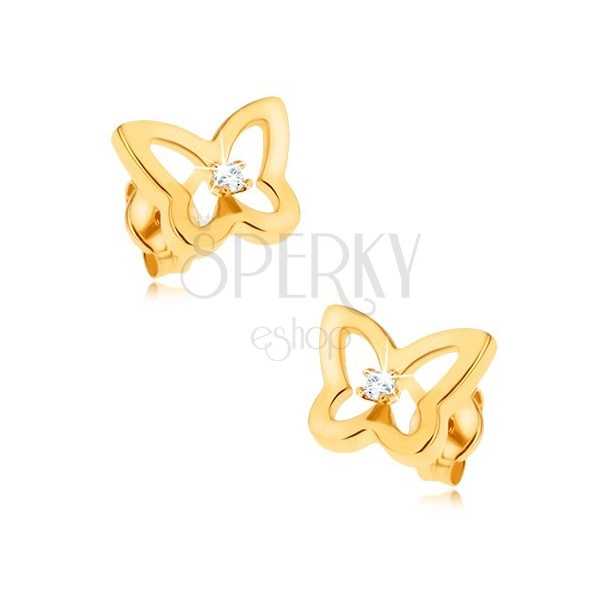 Kolczyki z żółtego 9K złota - błyszczący kontur motyla, cyrkonia pośrodku