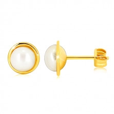 Kolczyki z żółtego złota 9K - biała okrągła słodkowodna perełka, cienka lamówka