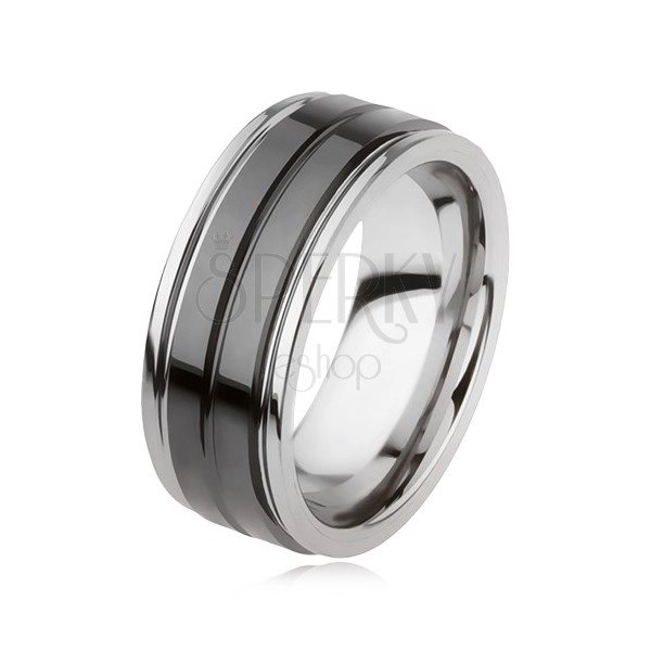 Wolframowy pierścionek o blyszczącej czarnej powierzchni z nacięciem, kolor srebrny