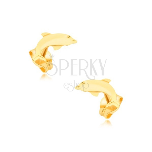 Kolczyki z żółtego złota 9K - płaski lśniący skaczący delfin