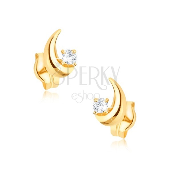 Złote kolczyki 375 - lśniący sierp księżyca, okrągła przezroczysta cyrkonia