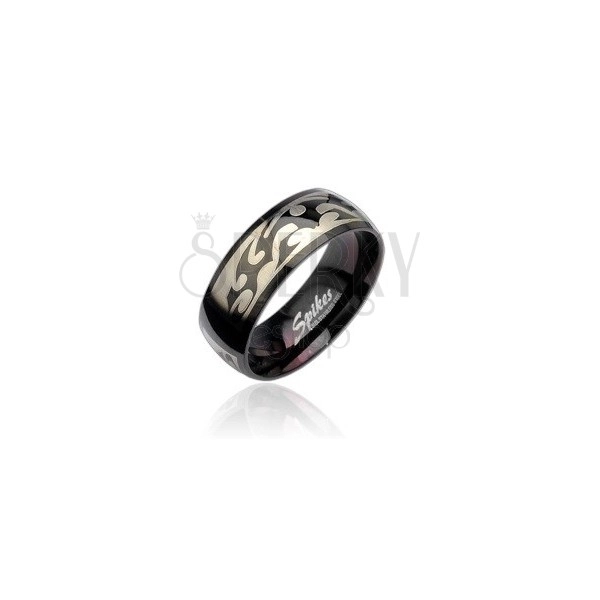 Czarny stalowy pierścionek z wzorem Tribal w srebrnym kolorze