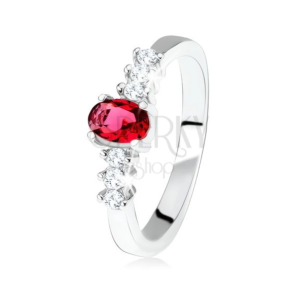 Srebrny pierścionek zaręczynowy 925, owalny czerwony kamyczek, przeźroczyste cyrkonie