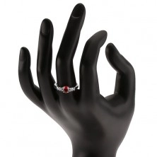 Srebrny pierścionek zaręczynowy 925, owalny czerwony kamyczek, przeźroczyste cyrkonie
